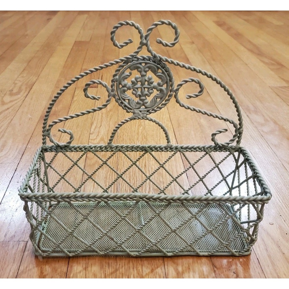 Vintage Shabby Chic Green Metal Wire Wall Pocket Basket Scrollwork Planter Mail